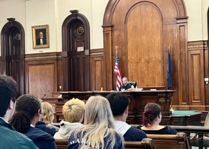 President Judge Hammond delivers the opening remarks to students at Law Day.